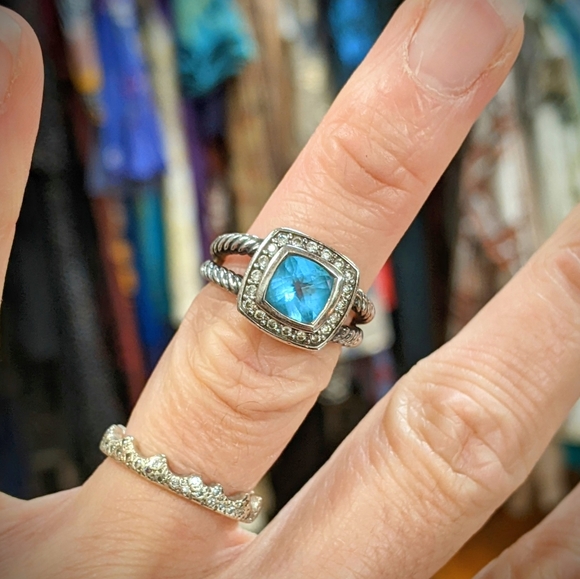 ⚡SOLD⚡David Yurman Petite Albion Blue Topaz + Pavé Diamonds 925 SS Ring - Picture 2 of 8